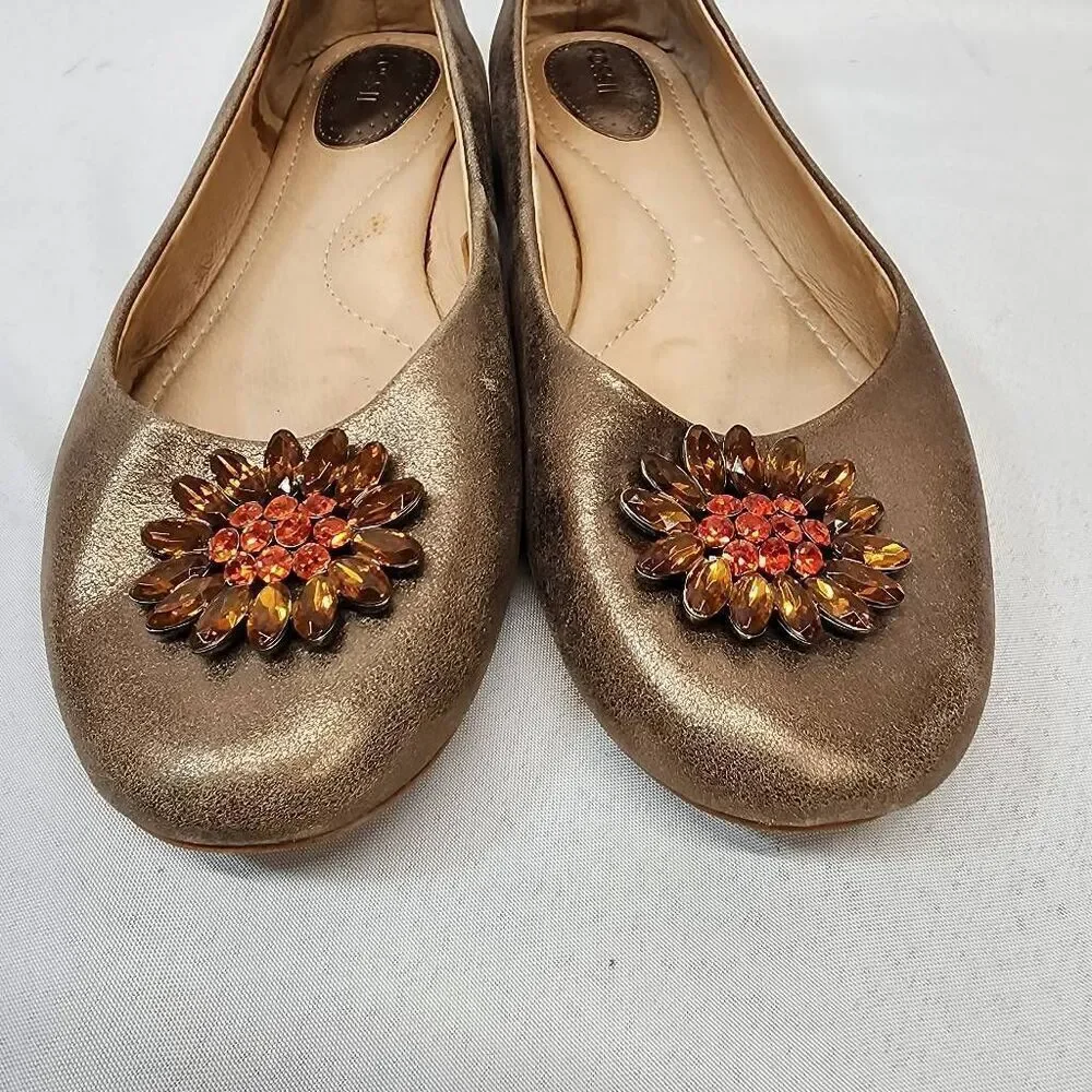 Fossil Womens Leather Ballet Flats Metallic Gold Flower brooch Size 11